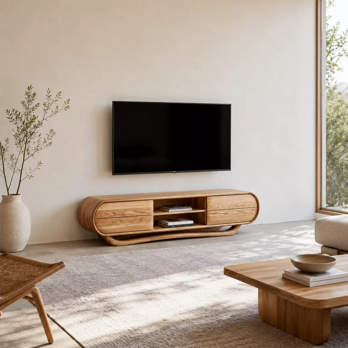 Rounded Oak Wood TV Stand With Center Open Shelf And Side Drawer Storage For Living Room - Livewoodcraft - 8