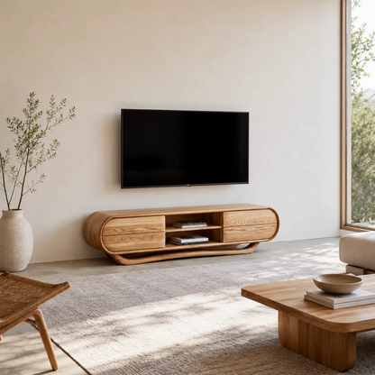 Rounded Oak Wood TV Stand With Center Open Shelf And Side Drawer Storage For Living Room - Livewoodcraft - 8