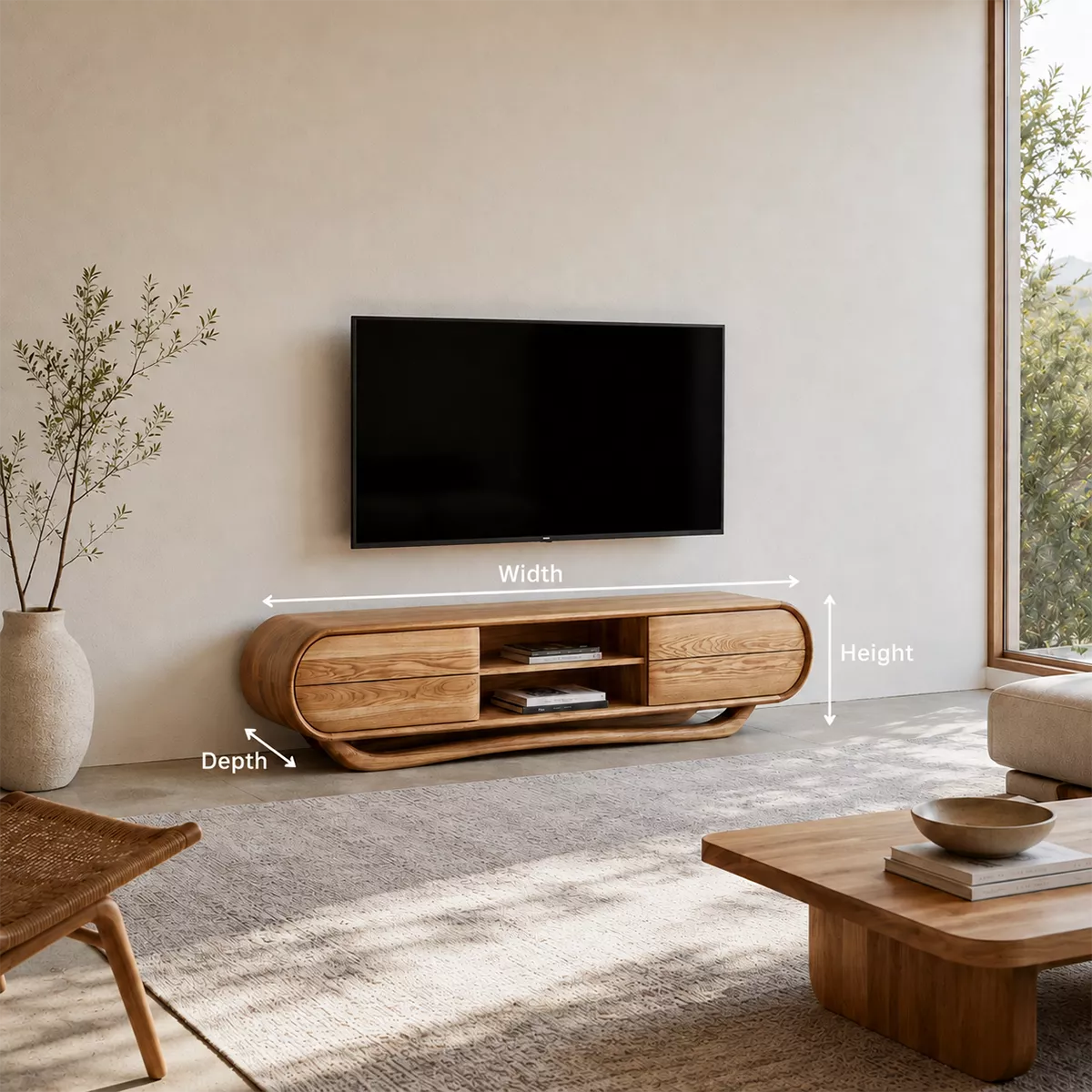Rounded Oak Wood TV Stand With Center Open Shelf And Side Drawer Storage For Living Room - Livewoodcraft - 9