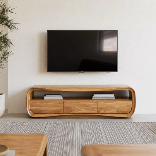 Rounded Oak Wood TV Stand With Open Media Shelf And Hidden Drawer Storage For Living Room - Echotimber