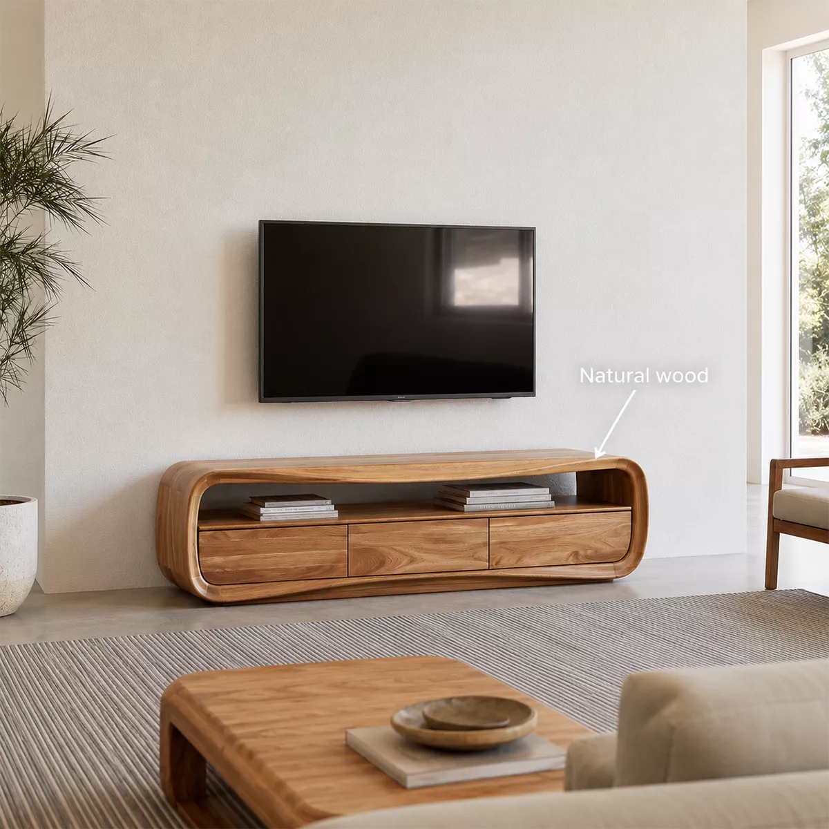 Rounded Oak Wood TV Stand With Open Media Shelf And Hidden Drawer Storage For Living Room - Livewoodcraft - 10