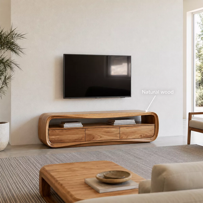 Rounded Oak Wood TV Stand With Open Media Shelf And Hidden Drawer Storage For Living Room - Livewoodcraft - 10