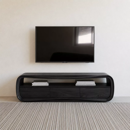 Rounded Oak Wood TV Stand With Open Media Shelf And Hidden Drawer Storage For Living Room - Livewoodcraft - 2