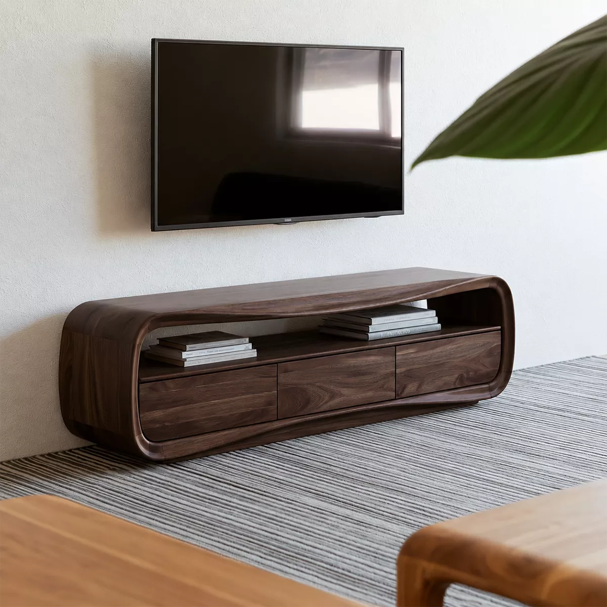 Rounded Oak Wood TV Stand With Open Media Shelf And Hidden Drawer Storage For Living Room - Livewoodcraft - 3