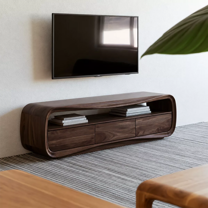 Rounded Oak Wood TV Stand With Open Media Shelf And Hidden Drawer Storage For Living Room - Livewoodcraft - 3