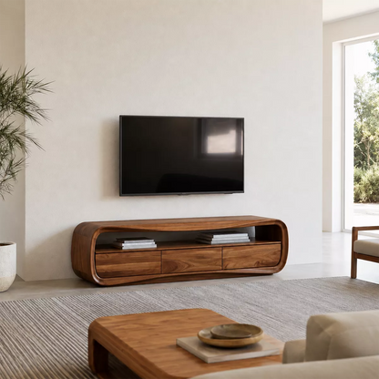 Rounded Oak Wood TV Stand With Open Media Shelf And Hidden Drawer Storage For Living Room - Livewoodcraft - 4