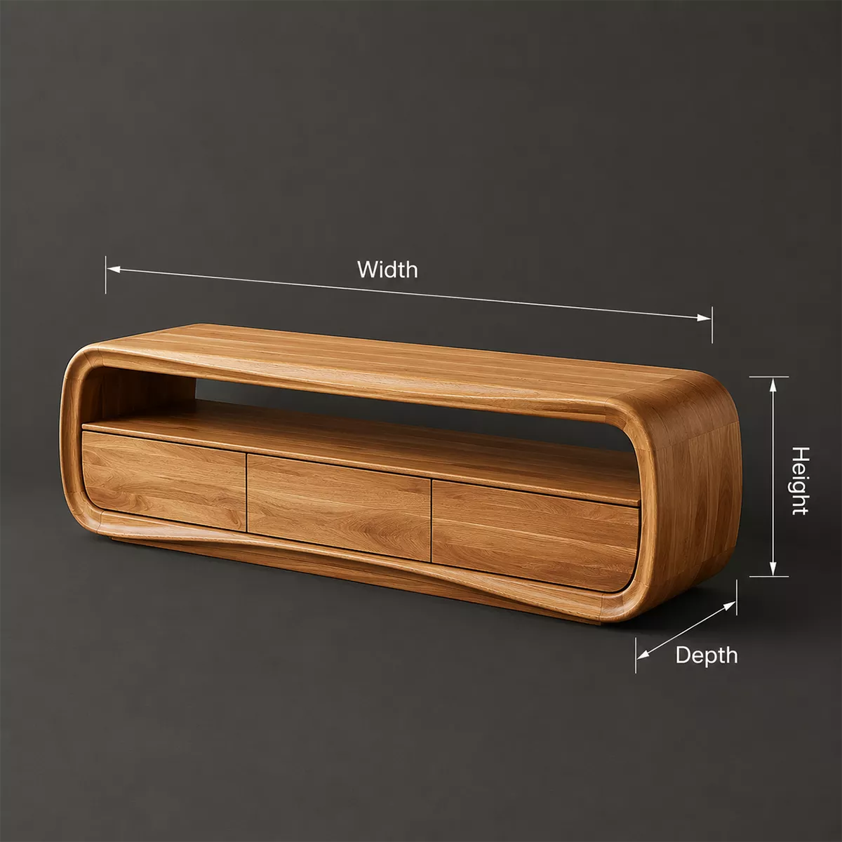 Rounded Oak Wood TV Stand With Open Media Shelf And Hidden Drawer Storage For Living Room - Livewoodcraft - 5