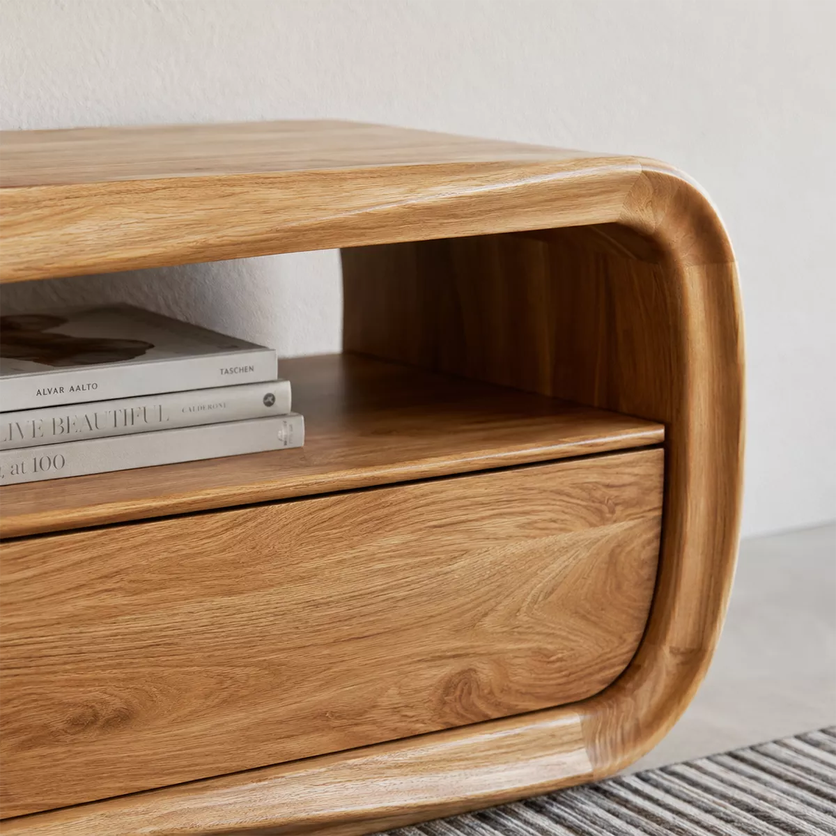 Rounded Oak Wood TV Stand With Open Media Shelf And Hidden Drawer Storage For Living Room - Livewoodcraft - 6