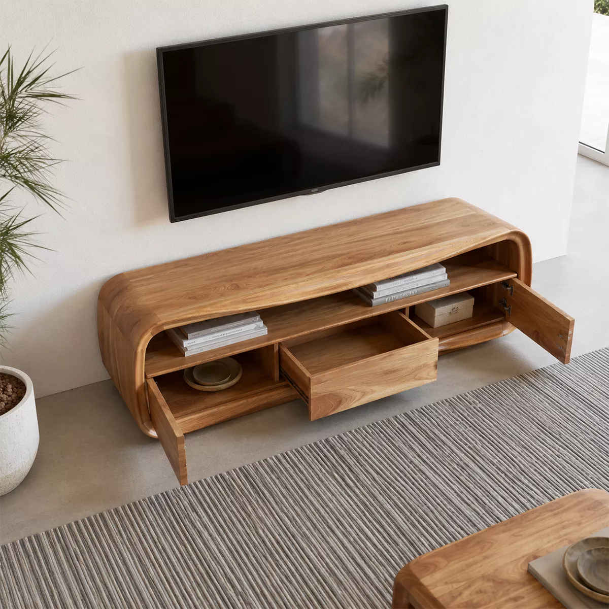 Rounded Oak Wood TV Stand With Open Media Shelf And Hidden Drawer Storage For Living Room - Livewoodcraft - 7