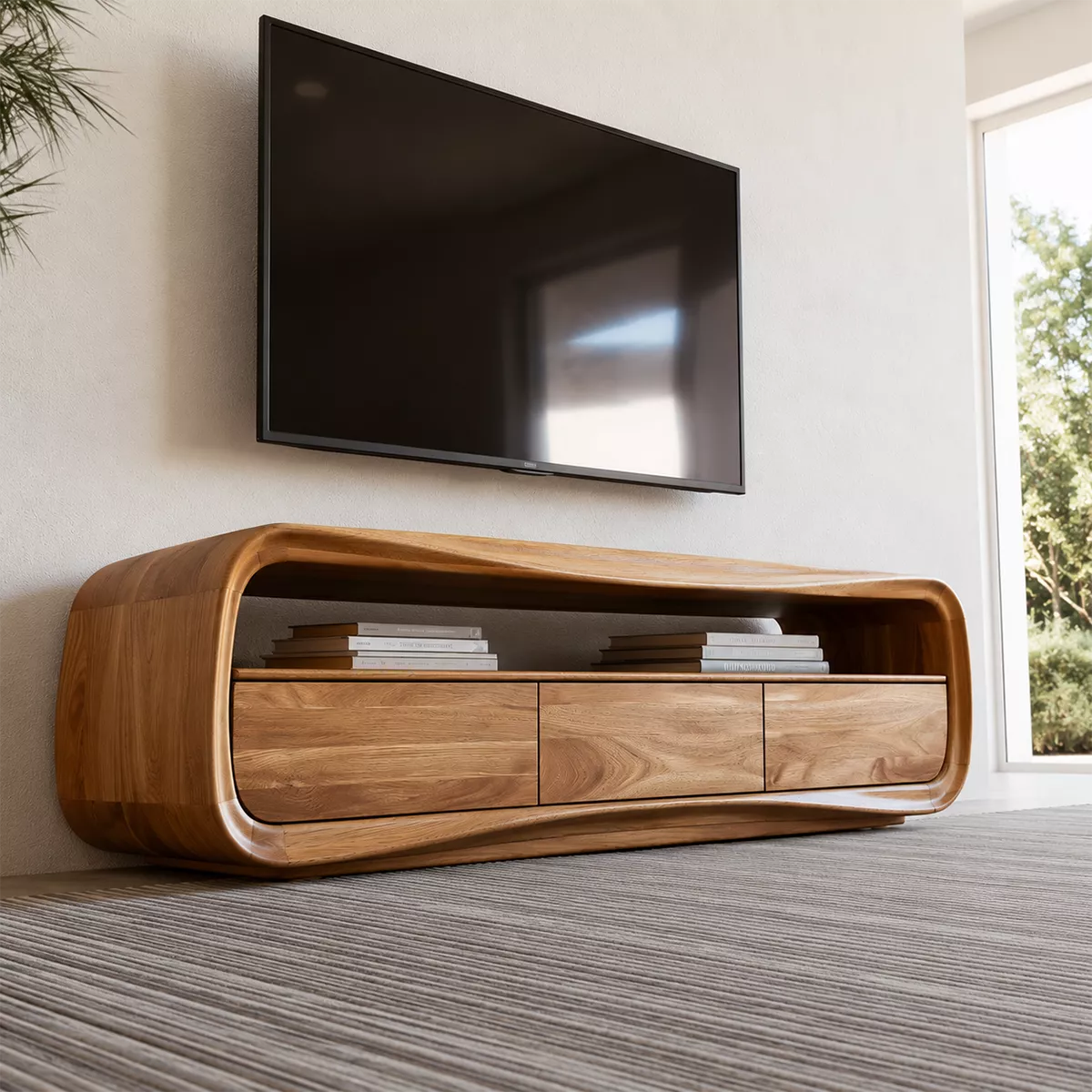 Rounded Oak Wood TV Stand With Open Media Shelf And Hidden Drawer Storage For Living Room - Livewoodcraft - 8