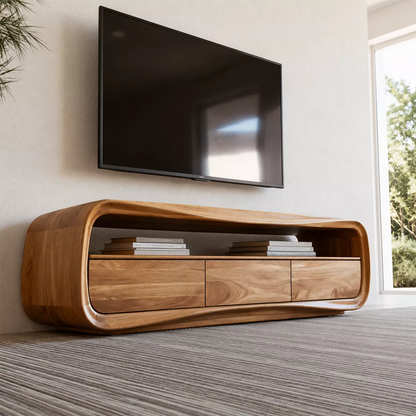 Rounded Oak Wood TV Stand With Open Media Shelf And Hidden Drawer Storage For Living Room - Livewoodcraft - 8