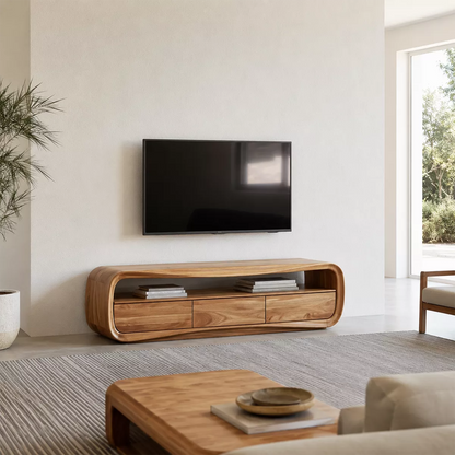 Rounded Oak Wood TV Stand With Open Media Shelf And Hidden Drawer Storage For Living Room - Livewoodcraft - 9