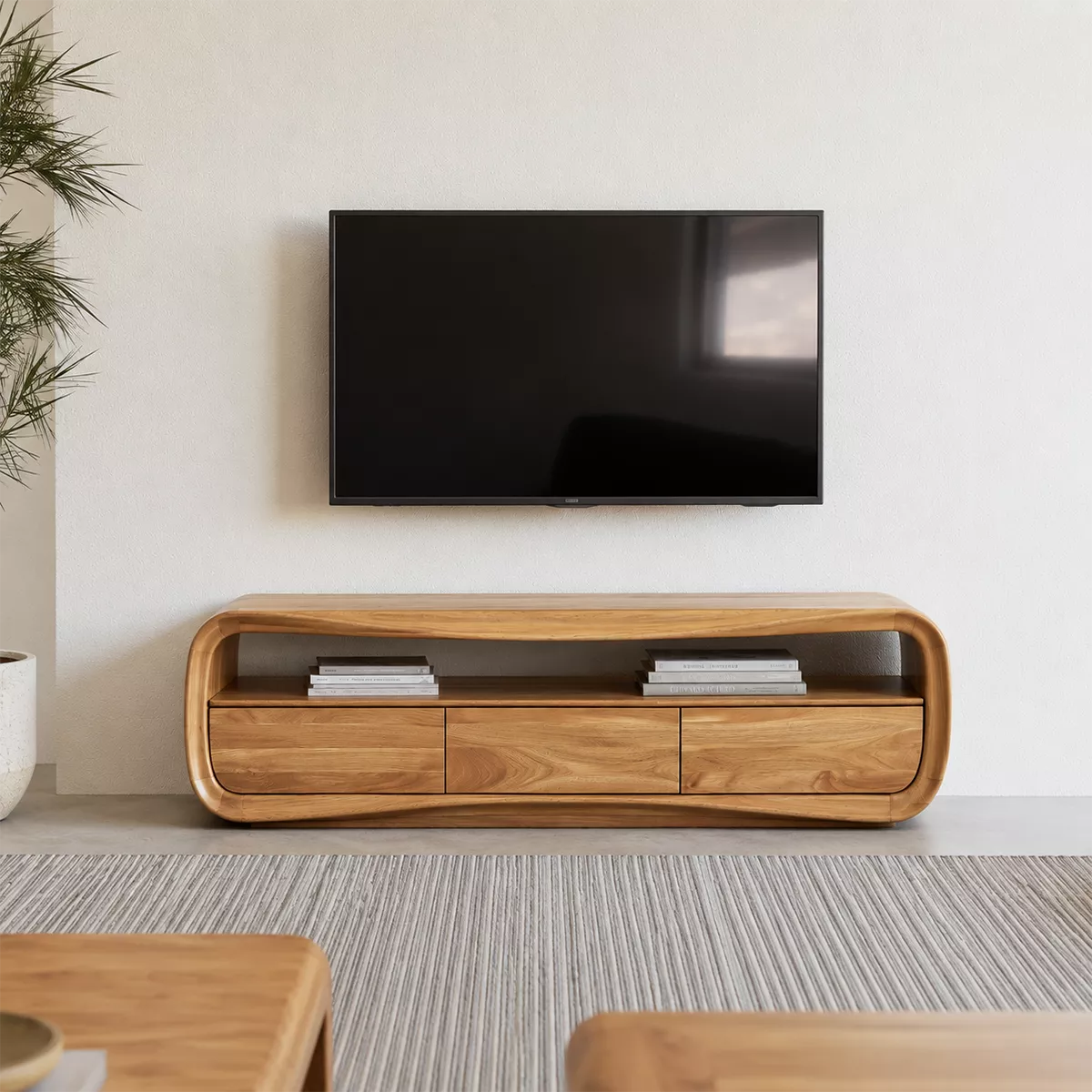 Rounded Oak Wood TV Stand With Open Media Shelf And Hidden Drawer Storage For Living Room - Livewoodcraft
