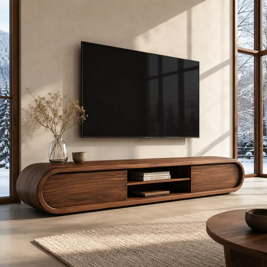 Rounded Solid Wood TV Stand With Center Open Shelf And Hidden Side Storage For Living Room - Echotimber