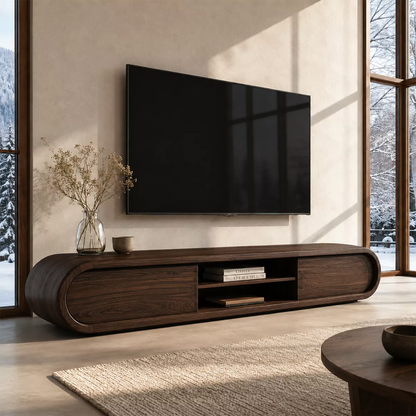 Rounded Solid Wood TV Stand With Center Open Shelf And Hidden Side Storage For Living Room - Livewoodcraft - 2