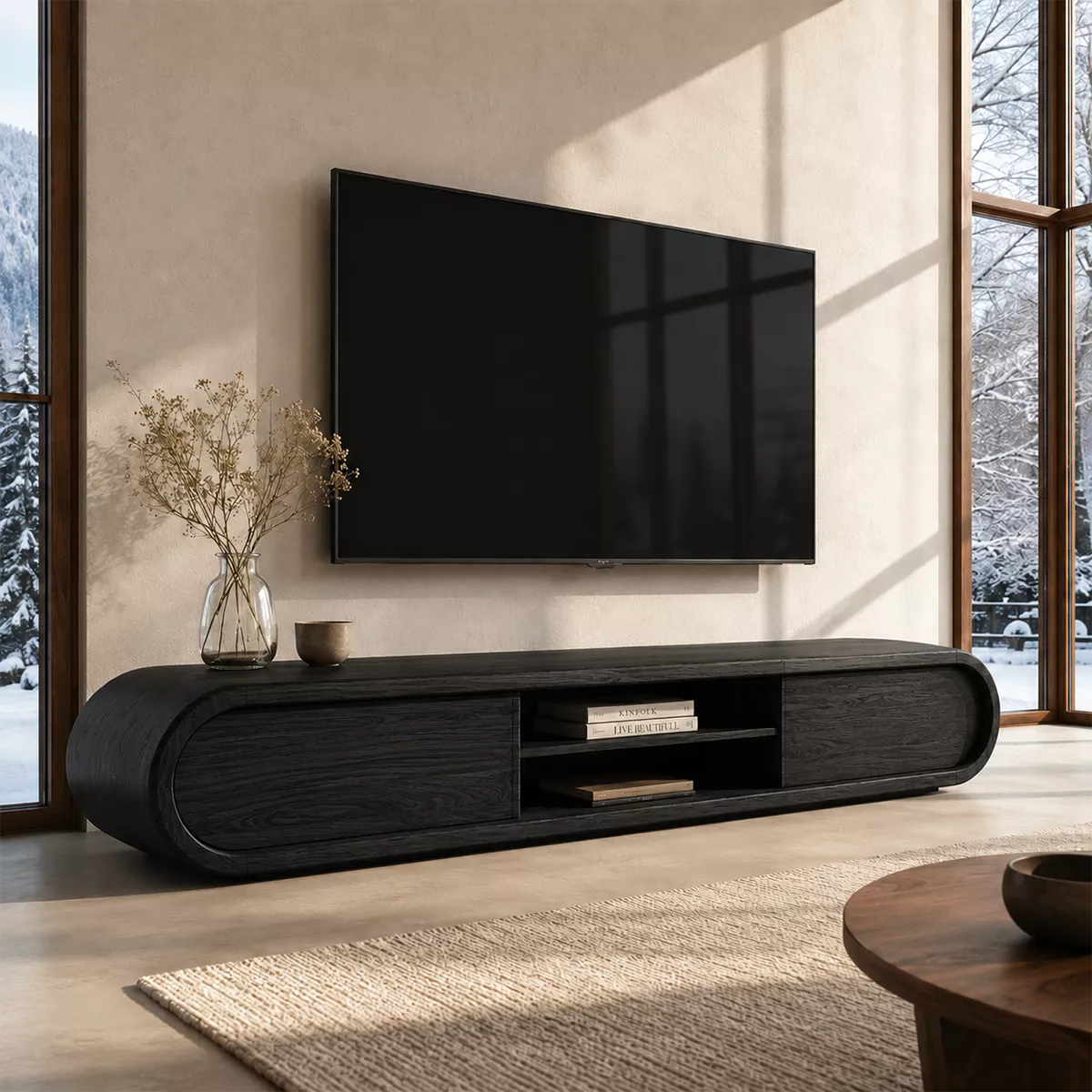 Rounded Solid Wood TV Stand With Center Open Shelf And Hidden Side Storage For Living Room - Livewoodcraft - 3