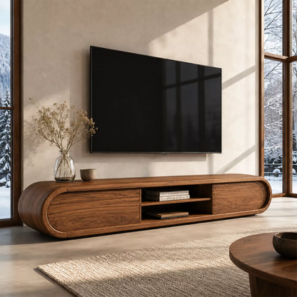 Rounded Solid Wood TV Stand With Center Open Shelf And Hidden Side Storage For Living Room - Livewoodcraft - 9