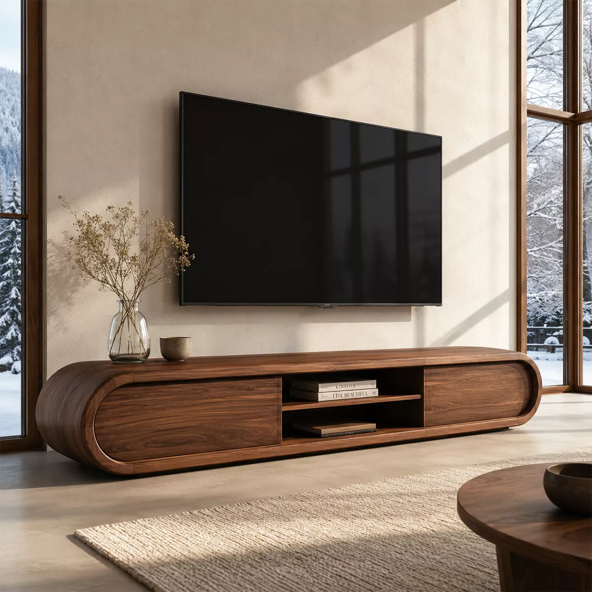 Rounded Solid Wood TV Stand With Center Open Shelf And Hidden Side Storage For Living Room - Livewoodcraft