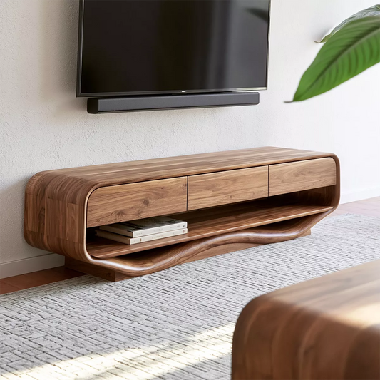 Rounded Solid Wood TV Stand With Open Lower Shelf And Hidden Drawer Storage For Living Room - Echotimber