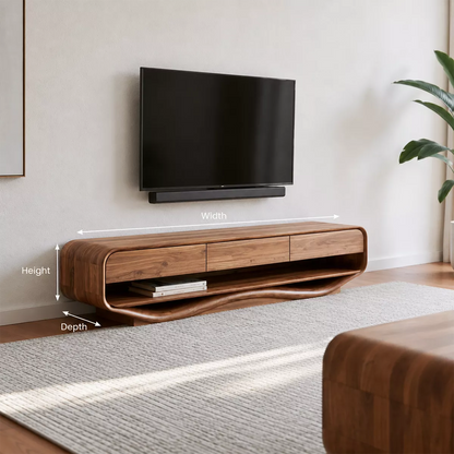 Rounded Solid Wood TV Stand With Open Lower Shelf And Hidden Drawer Storage For Living Room - Livewoodcraft - 10