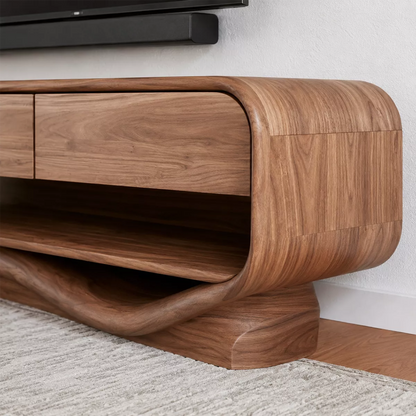 Rounded Solid Wood TV Stand With Open Lower Shelf And Hidden Drawer Storage For Living Room - Livewoodcraft - 2