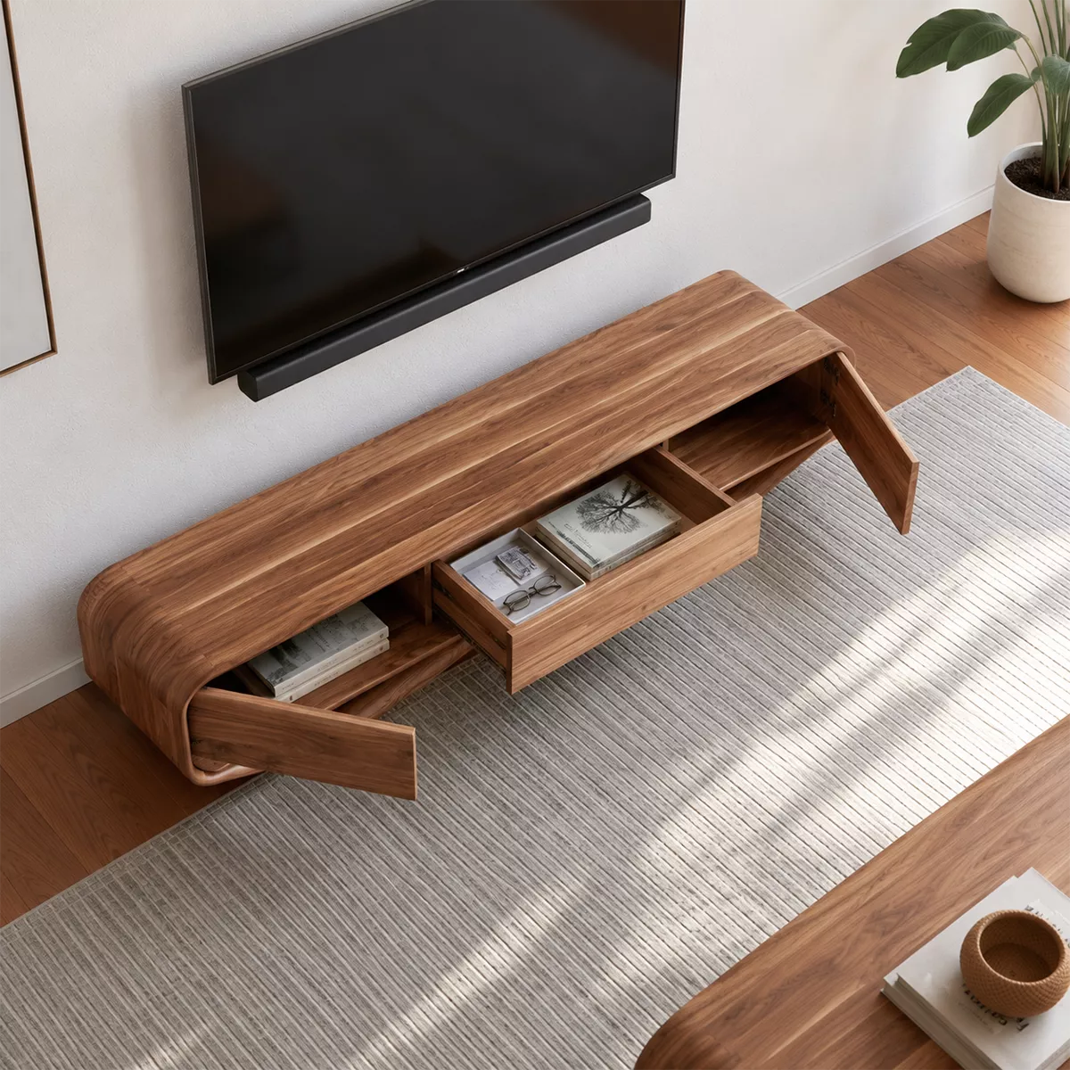 Rounded Solid Wood TV Stand With Open Lower Shelf And Hidden Drawer Storage For Living Room - Livewoodcraft - 3