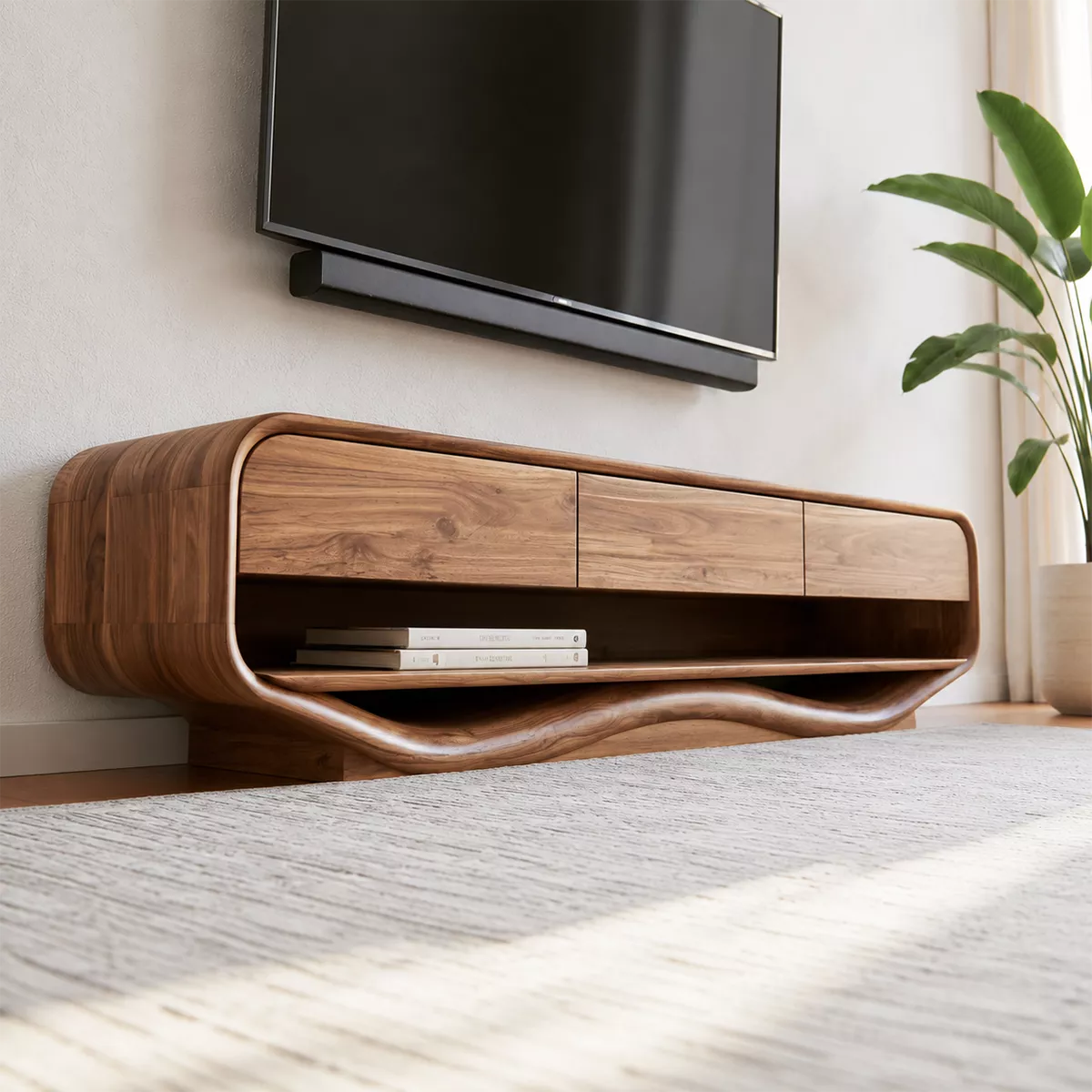 Rounded Solid Wood TV Stand With Open Lower Shelf And Hidden Drawer Storage For Living Room - Livewoodcraft - 4
