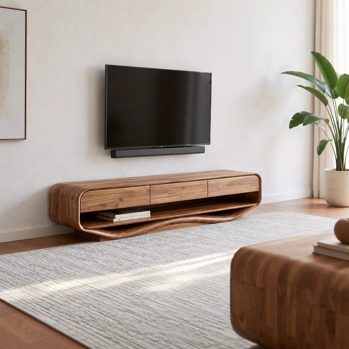 Rounded Solid Wood TV Stand With Open Lower Shelf And Hidden Drawer Storage For Living Room - Livewoodcraft - 5