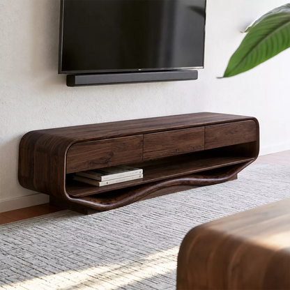 Rounded Solid Wood TV Stand With Open Lower Shelf And Hidden Drawer Storage For Living Room - Livewoodcraft - 6