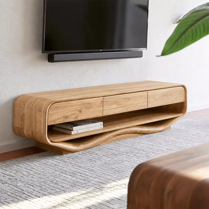 Rounded Solid Wood TV Stand With Open Lower Shelf And Hidden Drawer Storage For Living Room - Livewoodcraft - 7