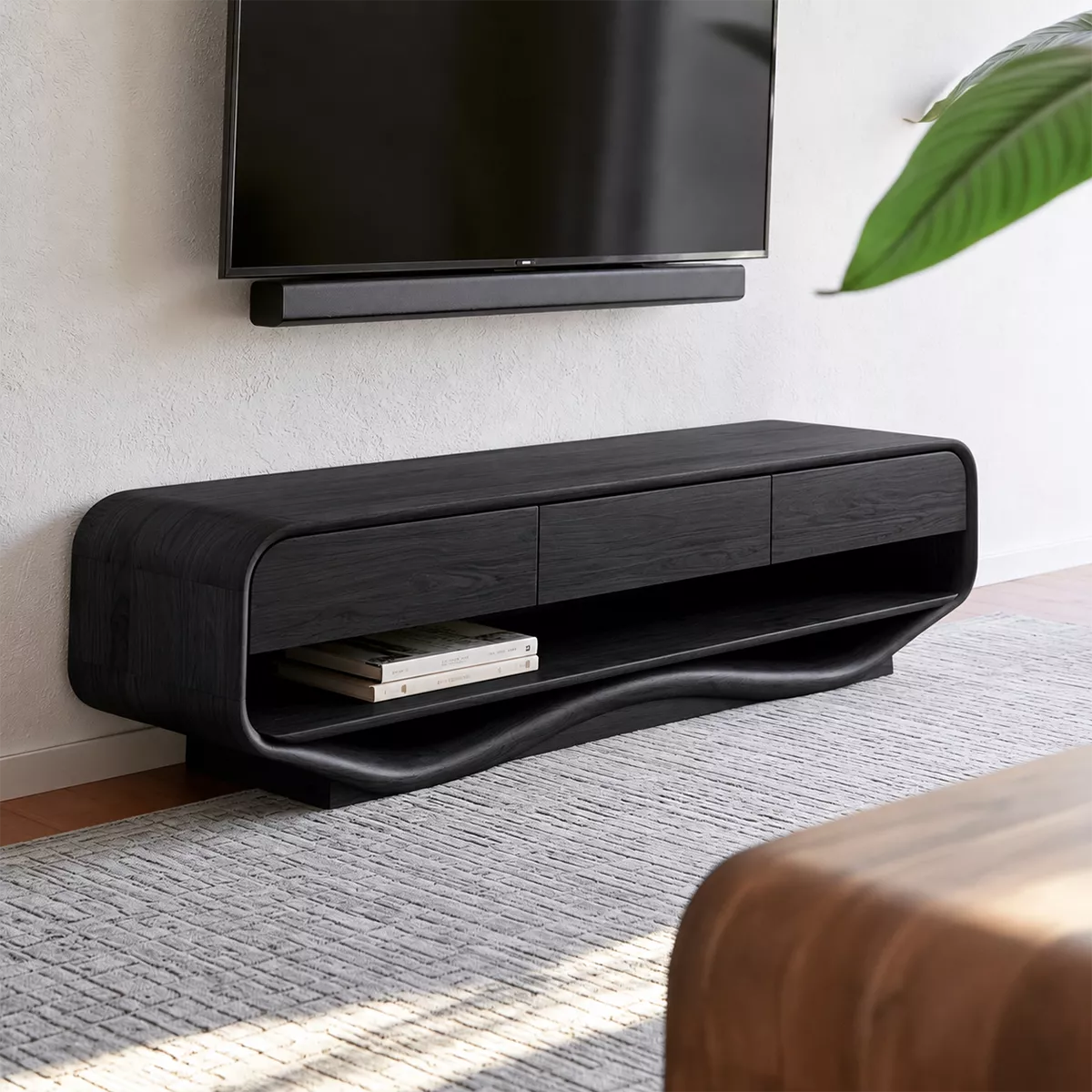 Rounded Solid Wood TV Stand With Open Lower Shelf And Hidden Drawer Storage For Living Room - Livewoodcraft - 8