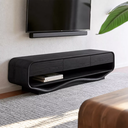 Rounded Solid Wood TV Stand With Open Lower Shelf And Hidden Drawer Storage For Living Room - Livewoodcraft - 8