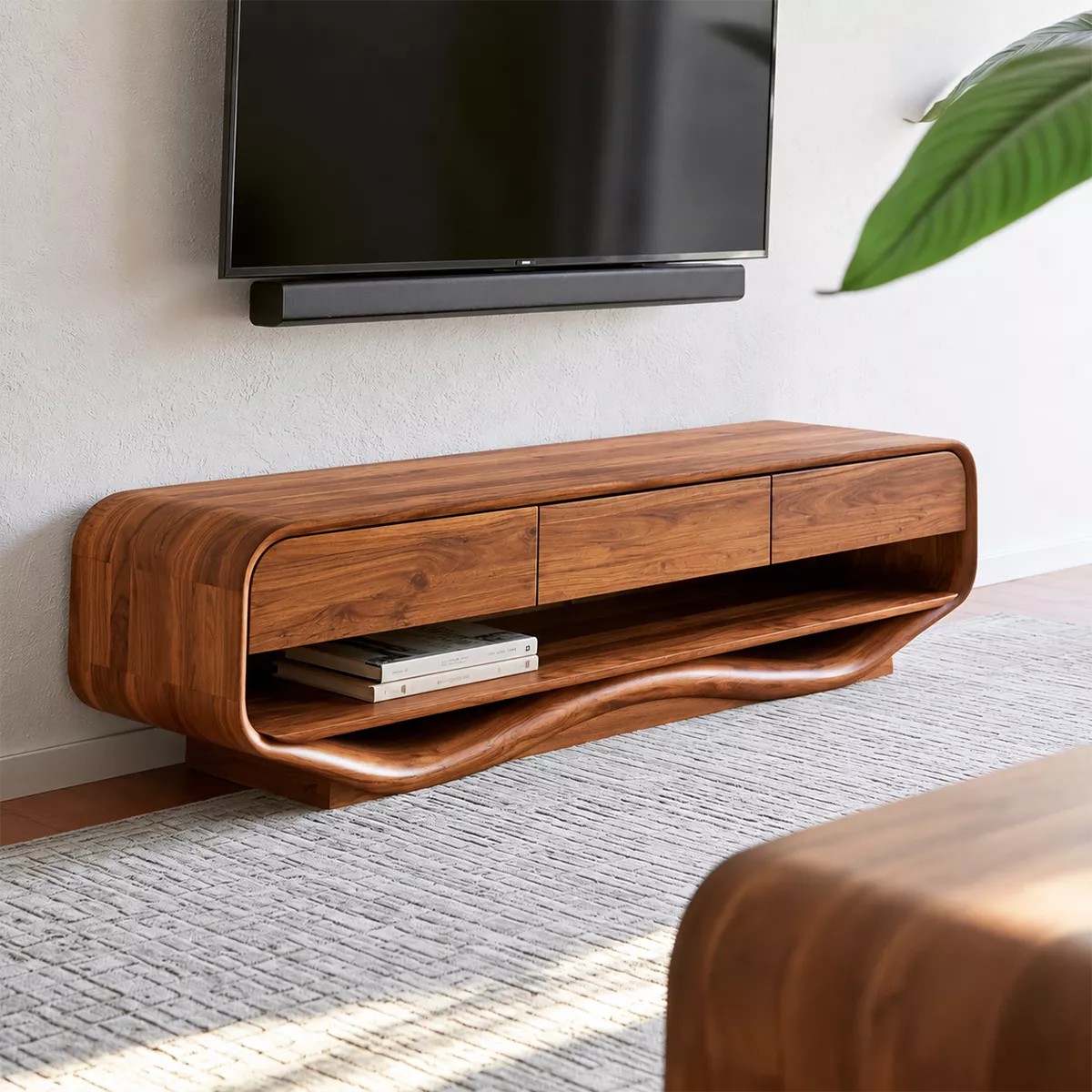 Rounded Solid Wood TV Stand With Open Lower Shelf And Hidden Drawer Storage For Living Room - Livewoodcraft - 9