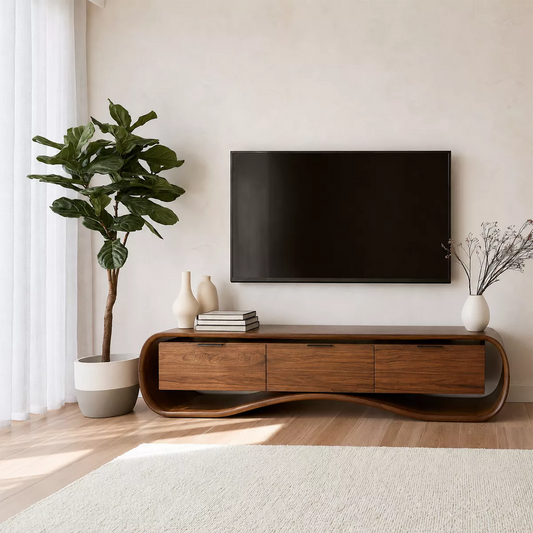 Rounded Walnut Wood TV Stand With Curved Base And Hidden Drawer Storage For Living Room - Echotimber