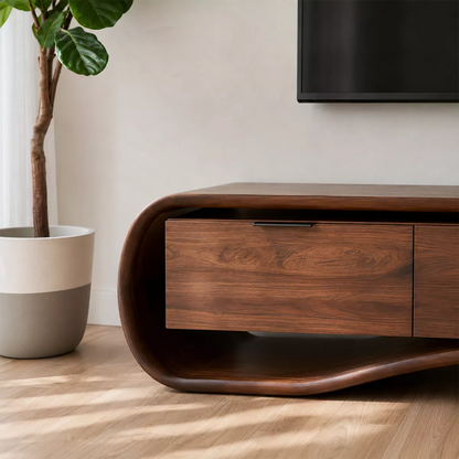 Rounded Walnut Wood TV Stand With Curved Base And Hidden Drawer Storage For Living Room - Livewoodcraft - 2