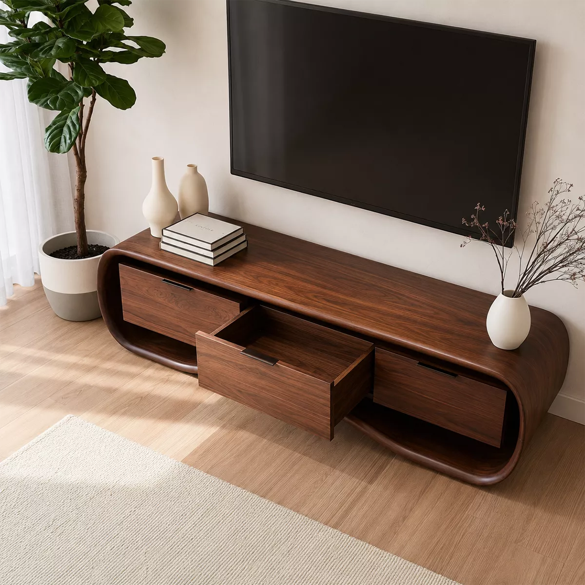 Rounded Walnut Wood TV Stand With Curved Base And Hidden Drawer Storage For Living Room - Livewoodcraft - 3