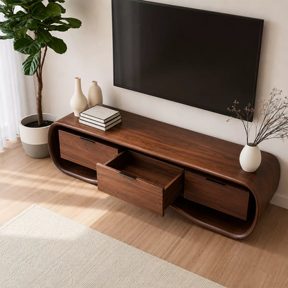 Rounded Walnut Wood TV Stand With Curved Base And Hidden Drawer Storage For Living Room - Livewoodcraft - 3