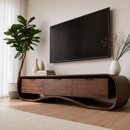 Rounded Walnut Wood TV Stand With Curved Base And Hidden Drawer Storage For Living Room - Livewoodcraft - 4