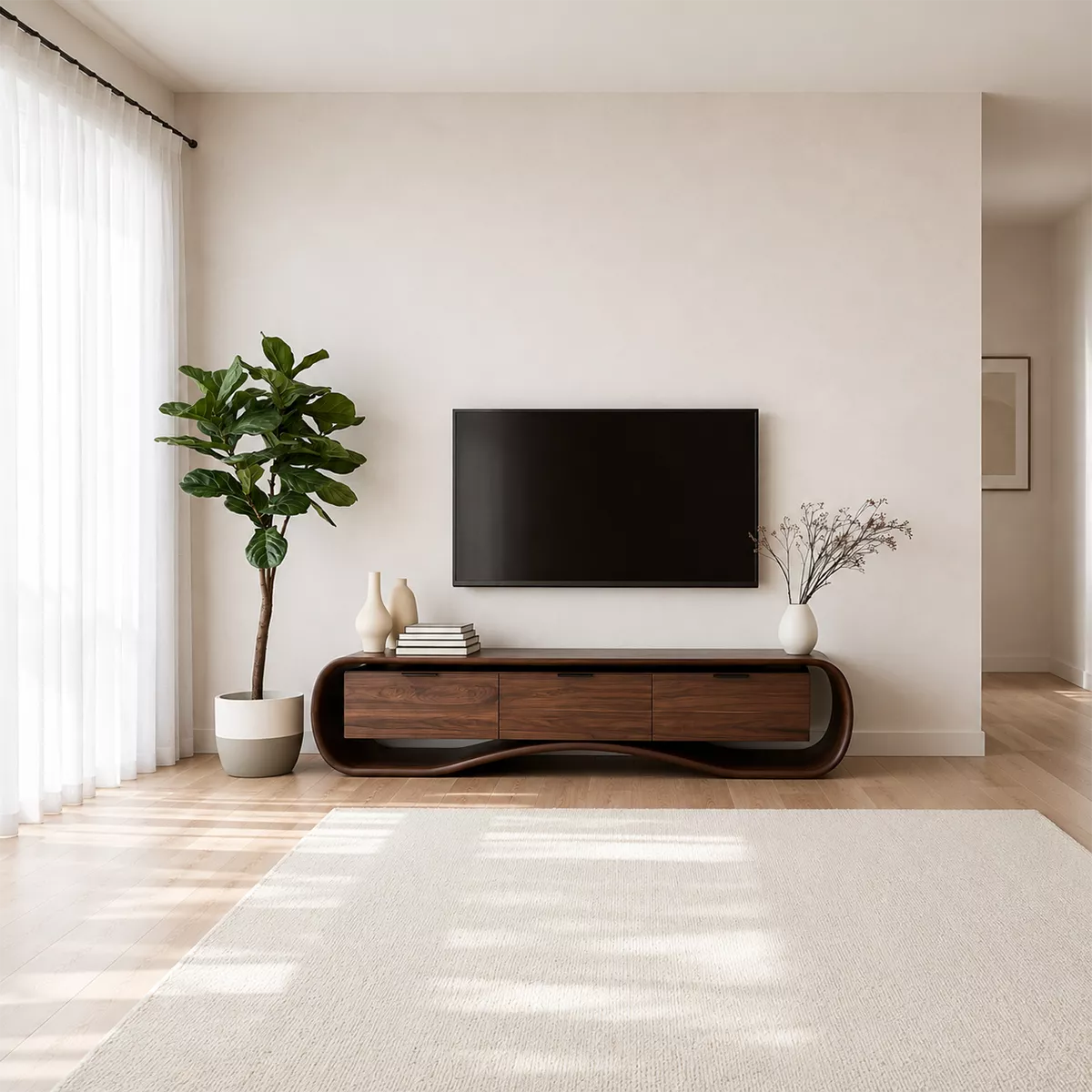 Rounded Walnut Wood TV Stand With Curved Base And Hidden Drawer Storage For Living Room - Livewoodcraft - 5