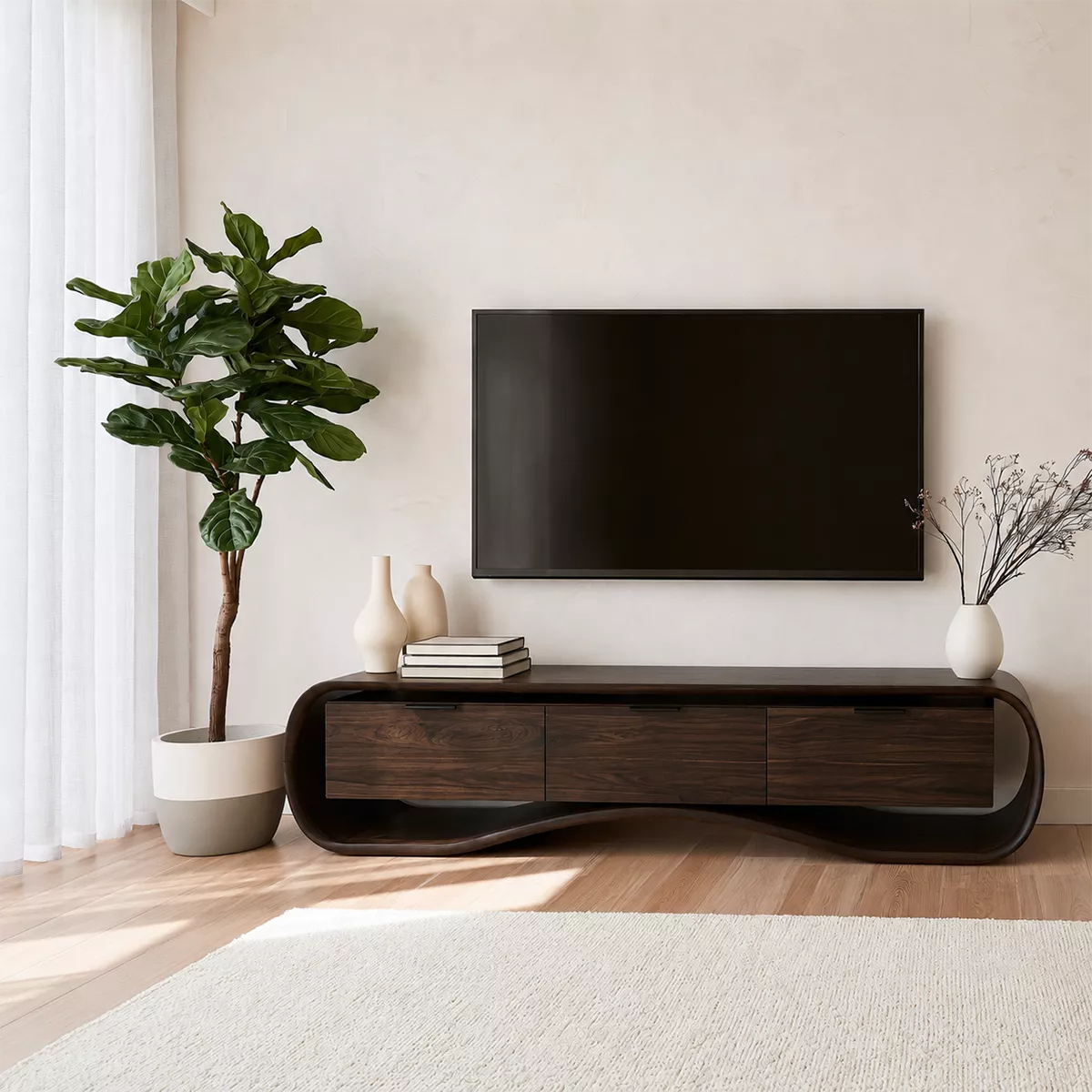 Rounded Walnut Wood TV Stand With Curved Base And Hidden Drawer Storage For Living Room - Livewoodcraft - 6