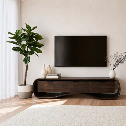 Rounded Walnut Wood TV Stand With Curved Base And Hidden Drawer Storage For Living Room - Livewoodcraft - 6