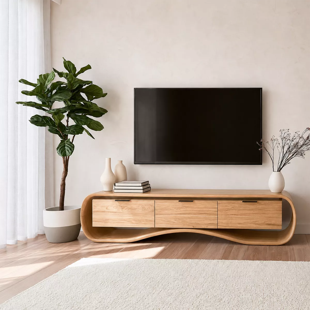 Rounded Walnut Wood TV Stand With Curved Base And Hidden Drawer Storage For Living Room - Livewoodcraft - 7