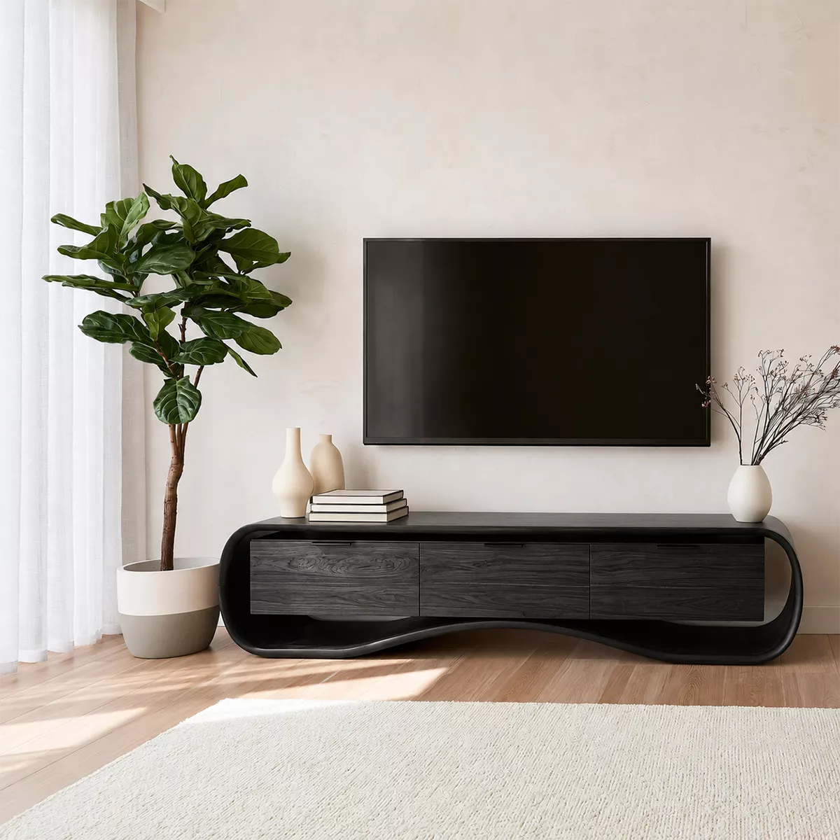 Rounded Walnut Wood TV Stand With Curved Base And Hidden Drawer Storage For Living Room - Livewoodcraft - 8