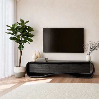 Rounded Walnut Wood TV Stand With Curved Base And Hidden Drawer Storage For Living Room - Livewoodcraft - 8