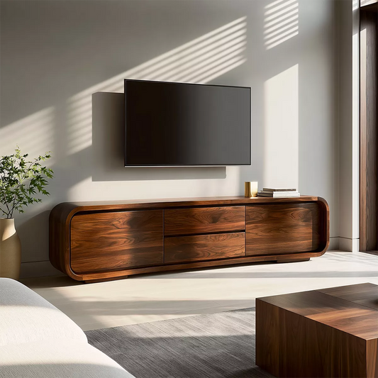 Rounded Walnut Wood TV Stand With Hidden Drawer Storage For Modern Living Room - Echotimber