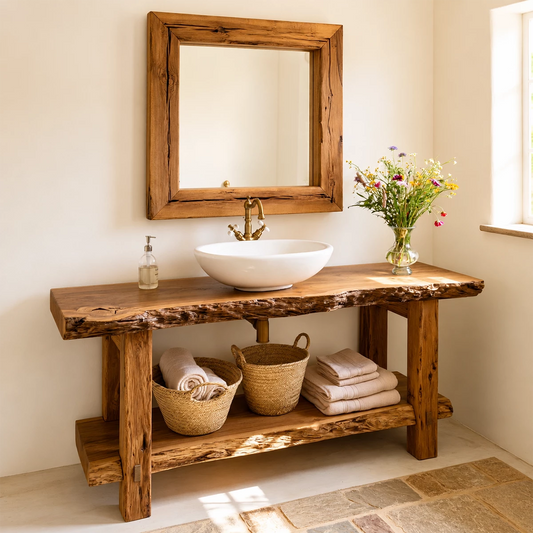 Rustic Live Edge Bathroom Vanity With Vessel Sink & Open Storage Shelf - Echotimber