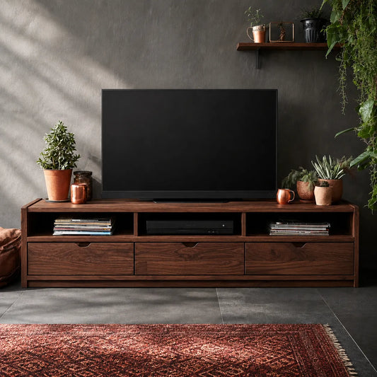 Rustic Natural Solid Wood TV Stand with Open Shelf Media Storage - Echotimber