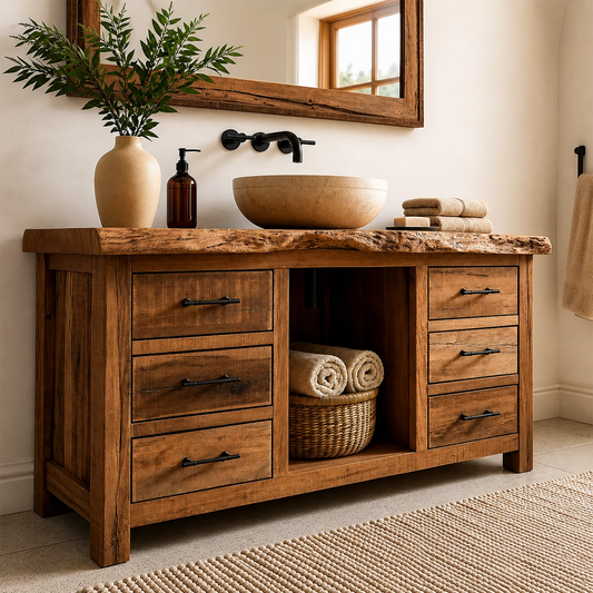 Rustic Solid Wood Bathroom Vanity With Live Edge Top & 6 Drawers - Echotimber