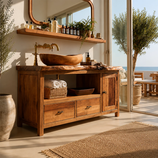 Rustic Solid Wood Bathroom Vanity With Vessel Sink & Open Storage - Echotimber