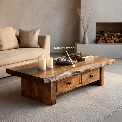 Rustic Solid Wood Coffee Table With Live Edge Top And Double Storage Drawers For Modern Living Room - Livewoodcraft - 10